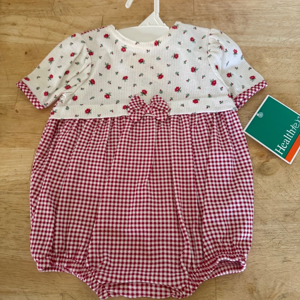 Healthtex Vintage Baby Girl Romper Red Gingham Floral Rose 6-9 Months NWT